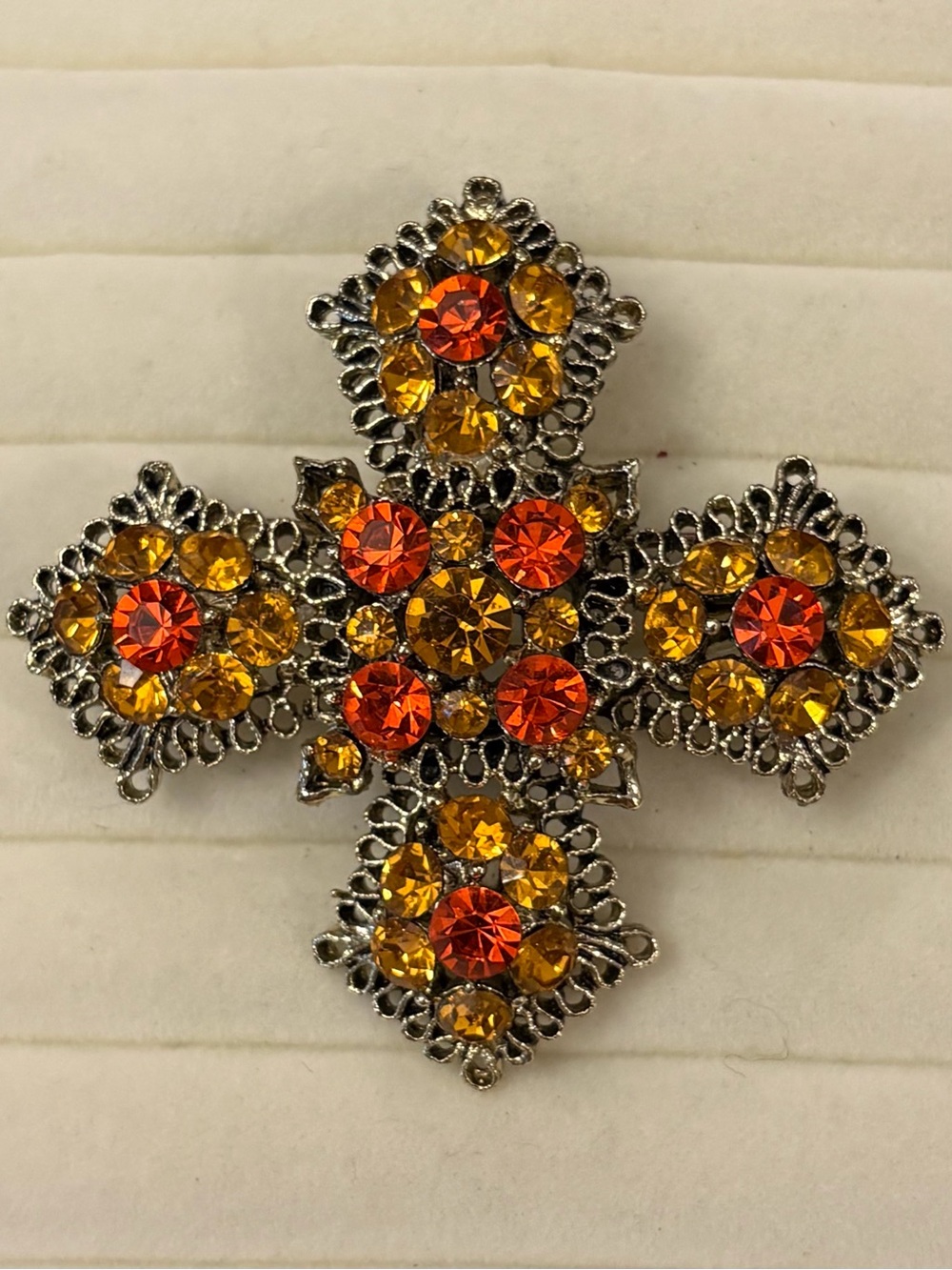 Vintage Golden Rhinestone Maltese Cross  Pin Brooch Two tone Orange‎ Crystals